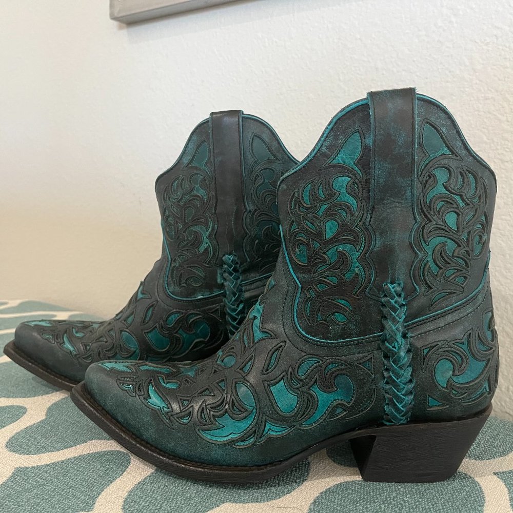 8 BLACK STAR All Leather TERLINGUA WESTERN BOOTIES Boots - SNIP TOE Black Aqua